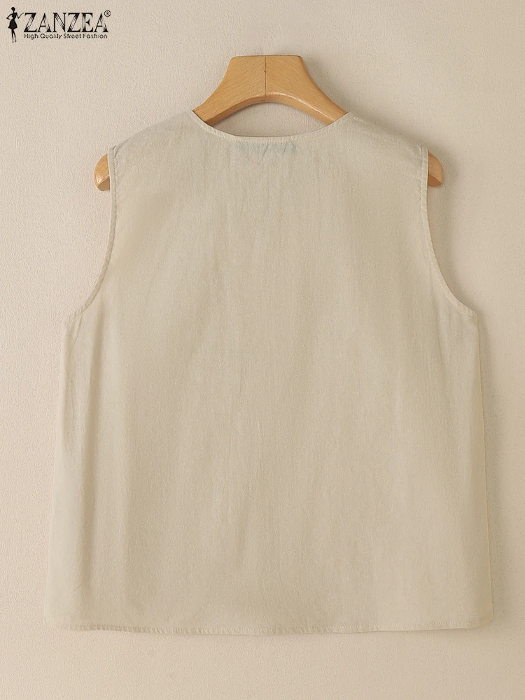 Mode Urlaub Tanks Tops ZANZEA Sommer Frauen Camis Ärmellose Solide Baumwolle Bluse Beiläufige Lose Hemd Strand Tunika Oversize 2025