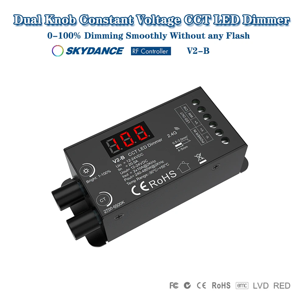 

Skydance V2-B DC12-24V Двойная ручка с цифровым дисплеем ШИМ Регулируемая частота Контроллер 2,4GRF для двухцветной светодиодной ленты