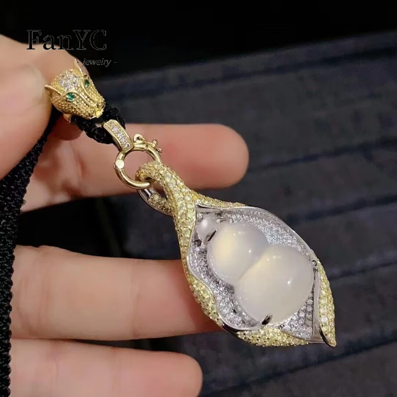 925Silver Inlaid White Chalcedony Gourd Pendant Double-sided Carved Cat's Eye Agate Jade Necklace Women's Fashion Luxury Jewelry