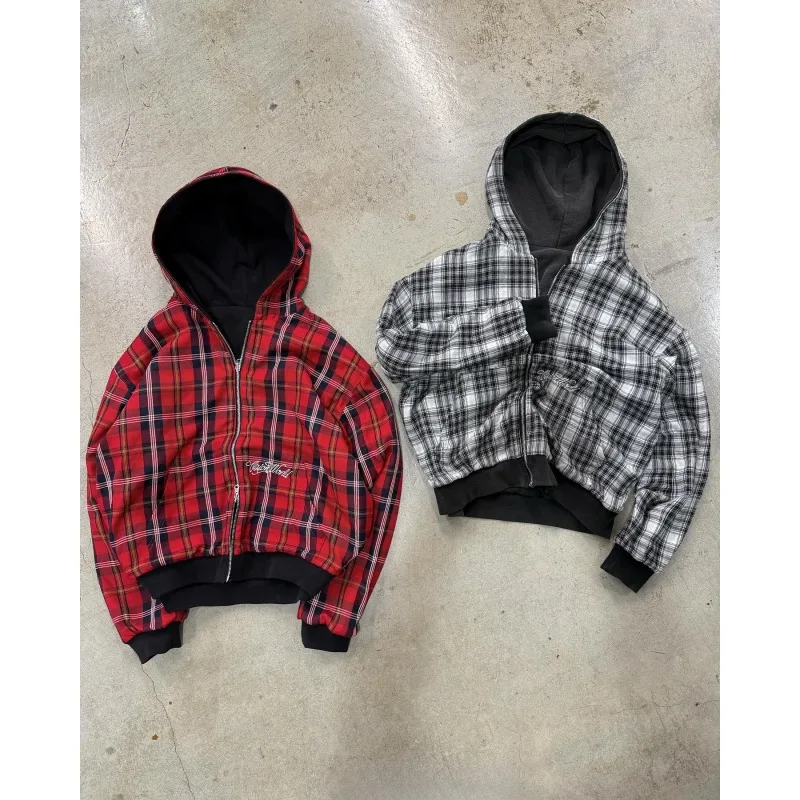 

Винтажная клетчатая куртка большого размера с капюшоном, уличная одежда Y2K, повседневная толстовка с вышивкой на осень-зиму