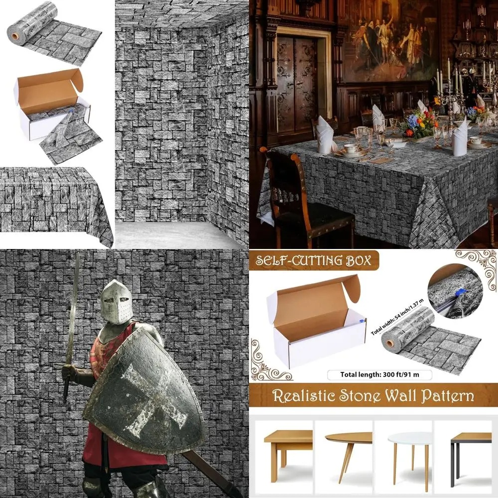 Rolo de toalha de mesa de plástico descartável - 300 pés x 54 polegadas, design de parede de pedra, cenário de piso de tijolo medieval, ideal para eventos e ou