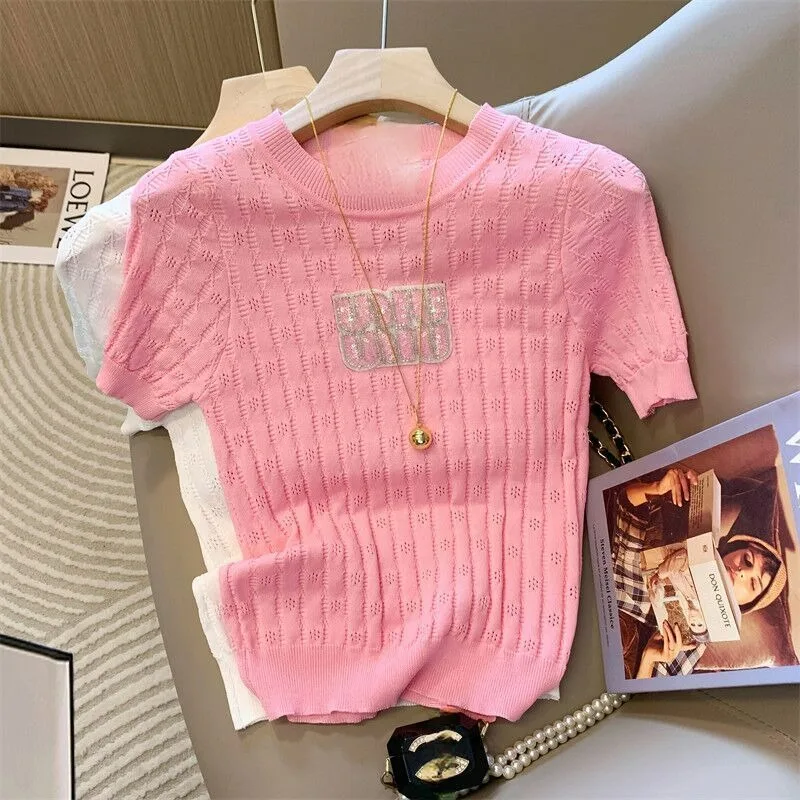 المتناقضة اللون رسالة مرصع الماس قصيرة الأكمام محبوك المرأة 2025 صيف جديد الحبيب التوابل فتاة تي شيرت #4