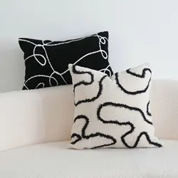 Black and White Plush Fluffy Pillow Case Abstract Geometric Line Embroidered PillowCover Home Decor Waist Pillowcase Comfortable