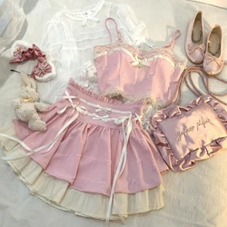 Pink Japanese Style Two -piece Set Elegant Women Sweet High Waist Bandage Mini Skirt Matching Suit 2023 Kawaii Lolita Camis Tops