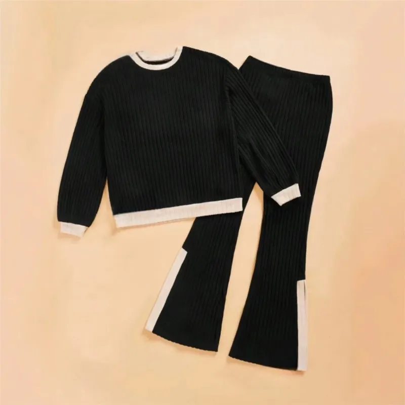 2024 Autumn Winter New Women\'s Fashion Color Blocked Casual Loose Home Clothes High Waist Temperament Split Pants Set