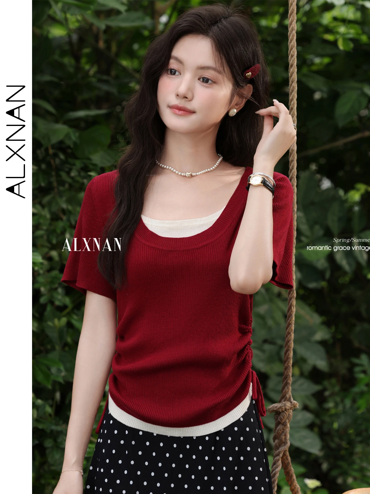 

ALXNAN Women's Red T-shirt Vintage Elegant Patchwork Slim-fit Short Sleeve T-shirt 2025 Summer Office Lady Female Tops L56050