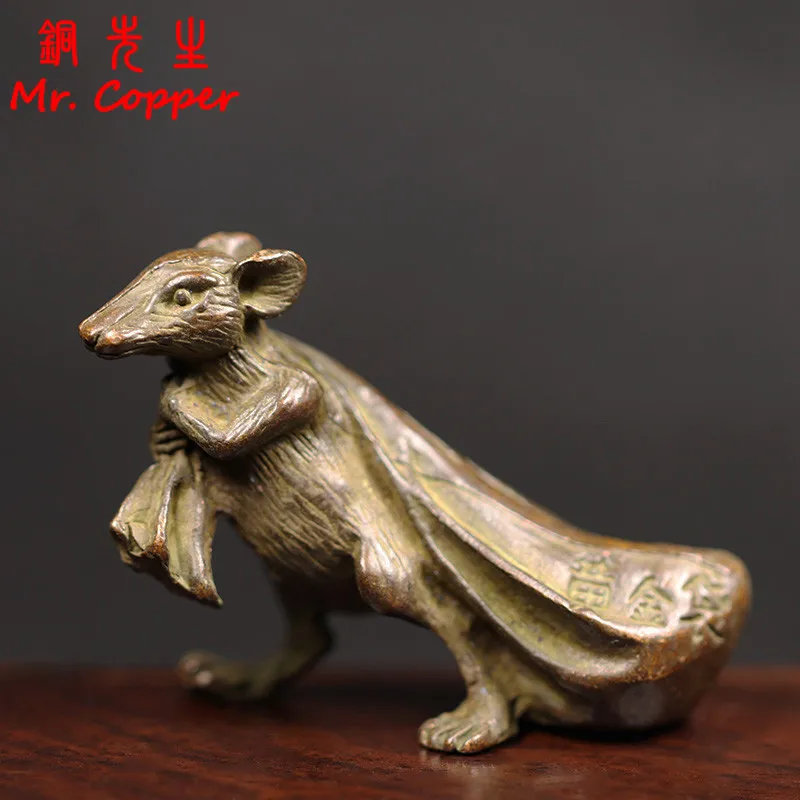 Antique Copper Big Mouse Figurines Miniatures Chinese Feng Shui Ornament Desk Decoration Crafts Animal Rat Pull Money Bag Statue
