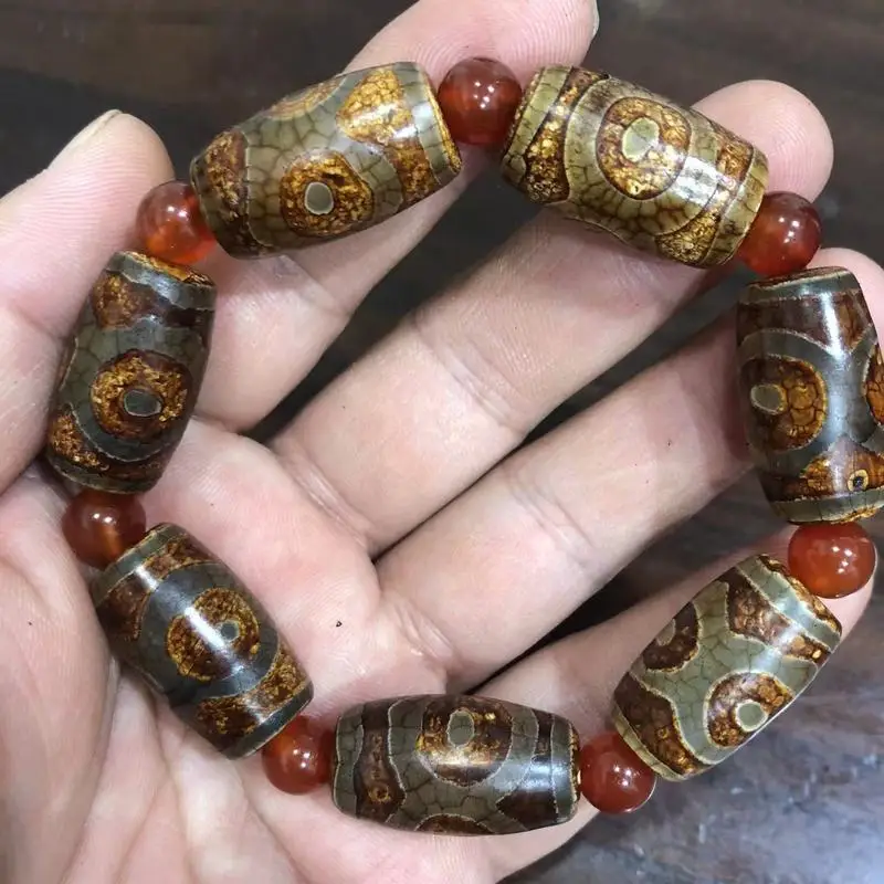 Wholesale -style vintage distressed three-eye dzi , Tibetan weathered old agate barrel bead bracelet