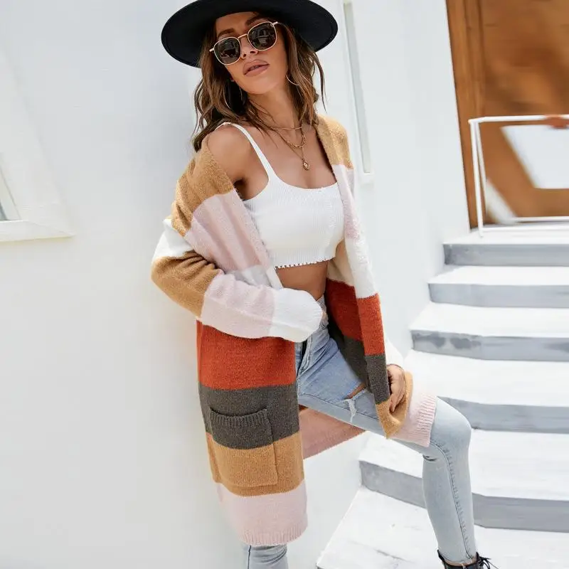 

Ebay2023 осень-зима, новый цвет, длинный вязаный кардиган в полоску, длинная верхняя одежда све, женская одежда из искусственного материала