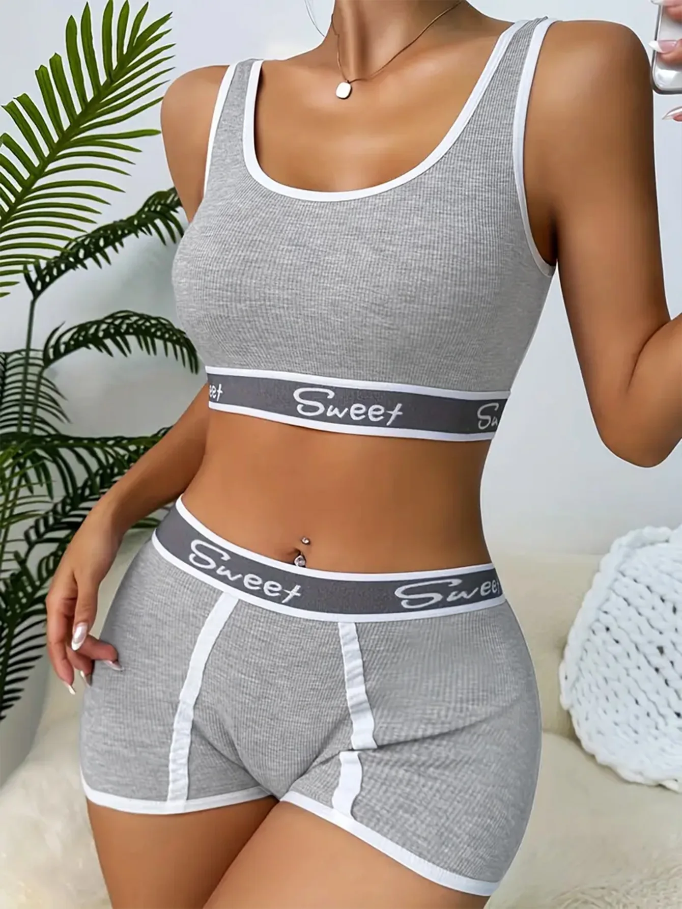 Letter Print Bra Panties Ribbed Wireless Bra Elastic Panties