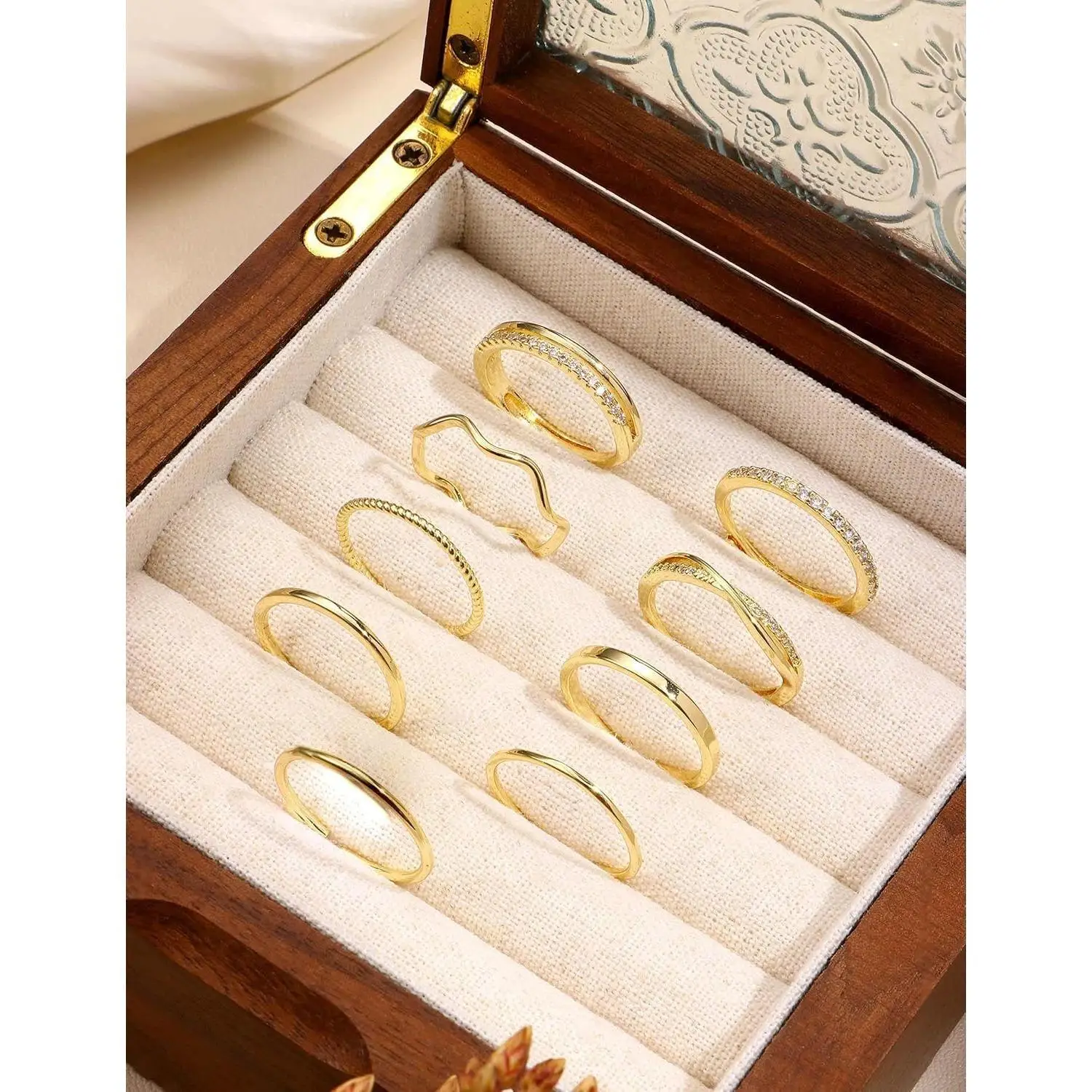 

ORAZIO 14K Gold-Plated Stackable Rings for Women Non Tarnish Open Adjustable CZ Thin Thumb Ring Set Statement Promise Band Ring