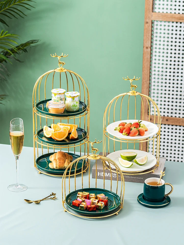 Nordic luxury ceramic fruit dish Dim sum metal rack, three layers of decoration and storage