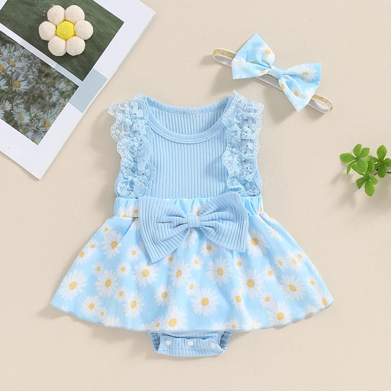 

VISgogo Baby Girl Summer Romper Daisy Print Cute Bow Sleeveless Romper Dress and Headband Set Cute Fashion Clothes Outfits