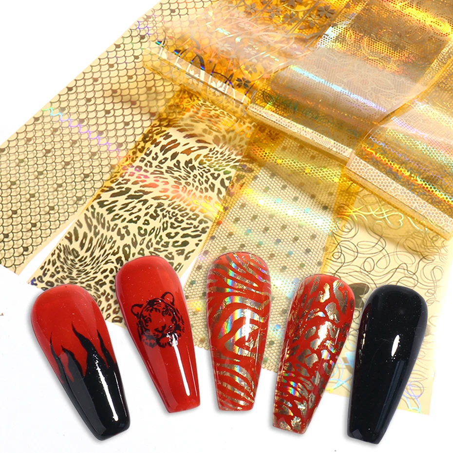 Gold Laser Foil Stickers For Nail Art New Year Tiger Animnals Skin Chameleon Holographic Fashion Nails Transfer Sliders BE16JS20