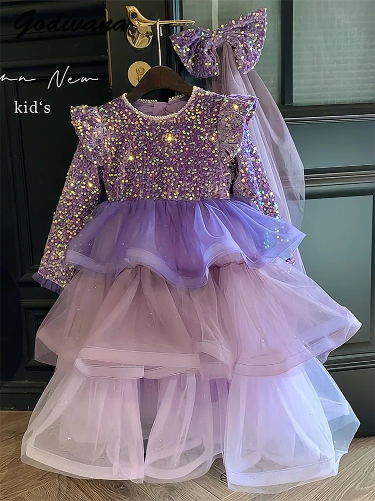 Sweet Baby Girls 2026 New Spring and Autumn High End Heavy Princess Dress Kids Fleece Lining Sequin Mesh Patchwork Party Gown