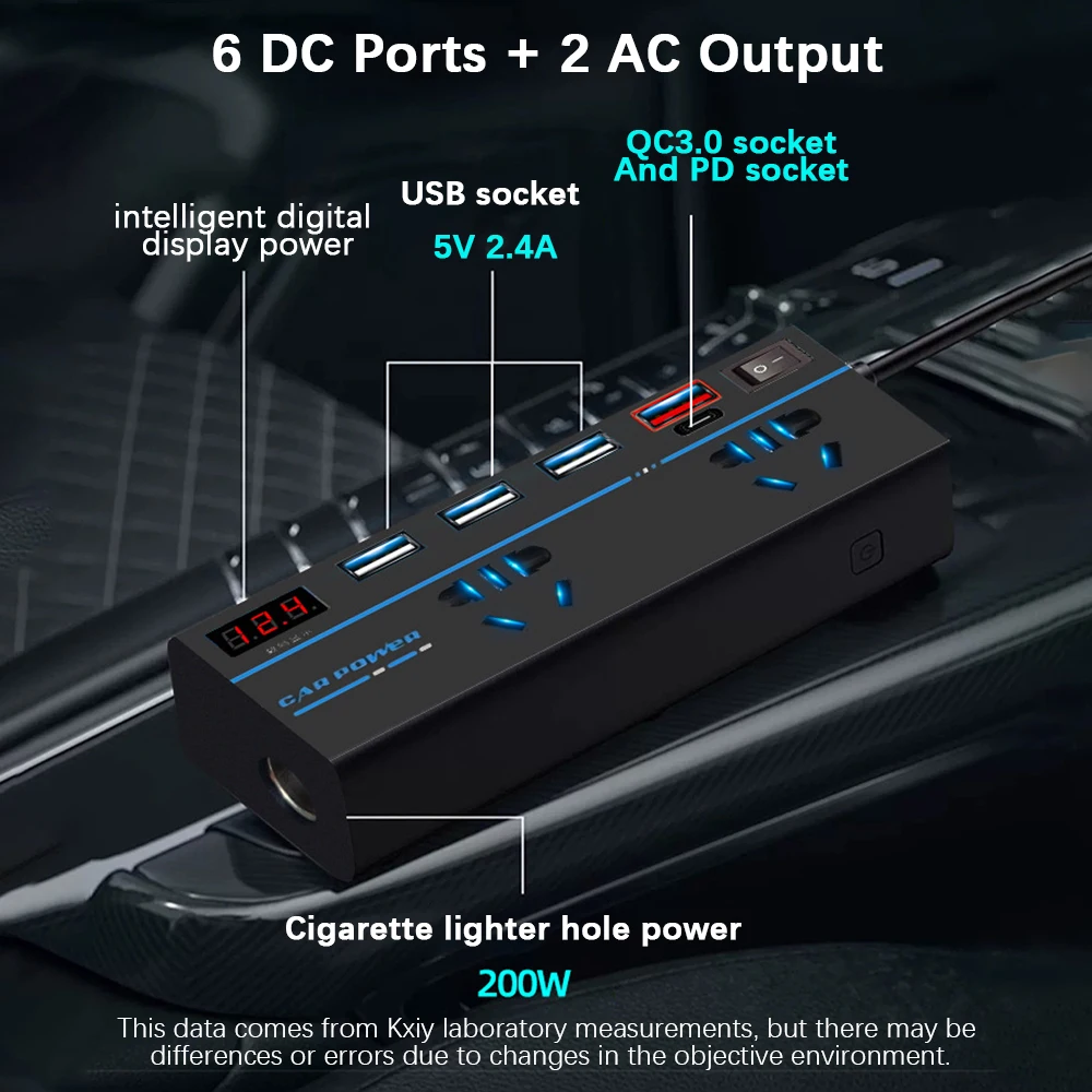 USB/PD/Type-C Laders 200 W AAN/UIT Schakelaar Power Adapter DC 12 V/24 V naar AC 110 V/220 V Converter 8 Poorten Sockets Auto Omvormer QC 3.0