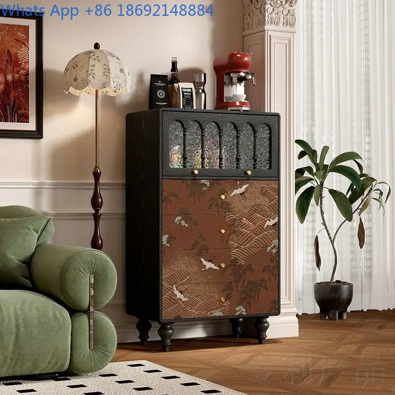 Solid Wood Vintage Style Crane Design Sideboard Storage Cabinet for Living Room Dining Room or Entryway Multi Compartment