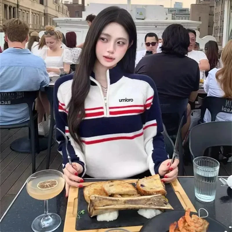 

Korean Golf Knit Sweater Anew Women's Golf Wear 2025 Spring Golf Sweater Fashion Stripe Casual Long Sleeves Women Golf Clothing