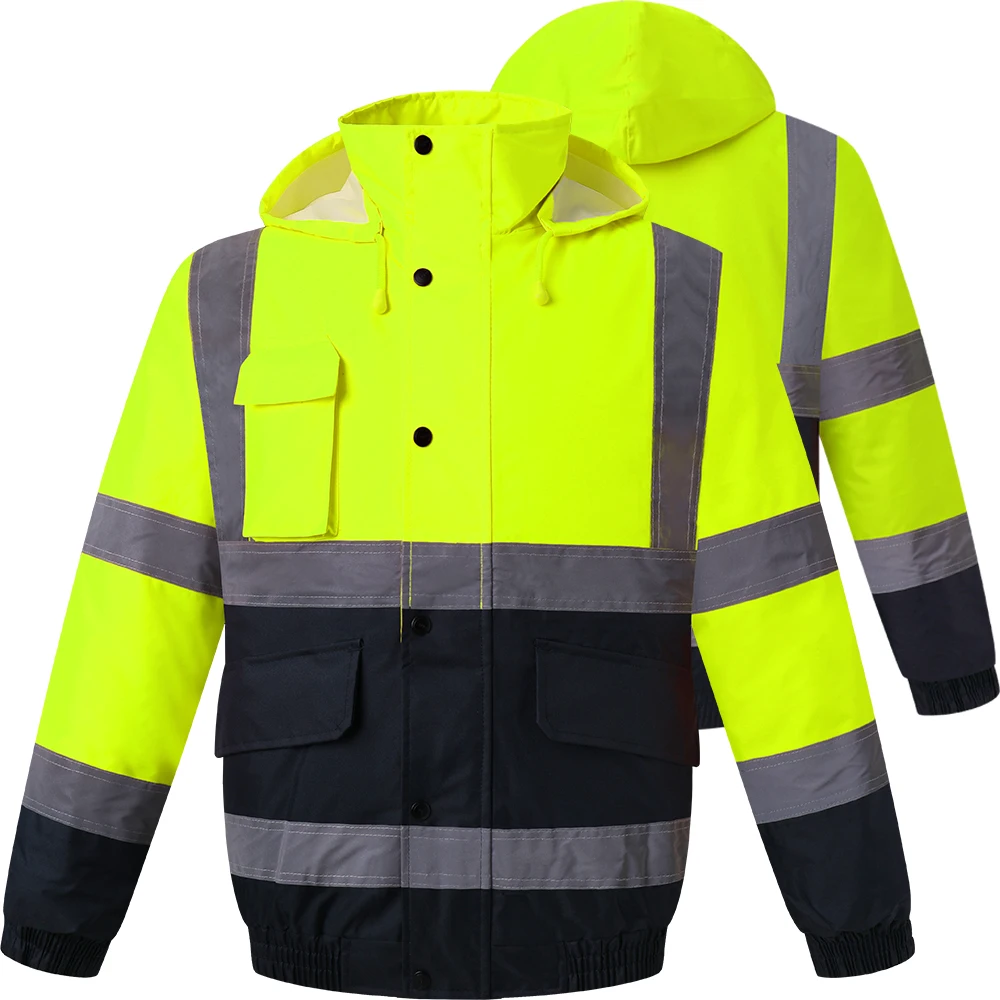 High Visibility Winter Safety Jacket Reflective Bomber Jacket Insulated Multiple Pockets Safety Workwear For Men