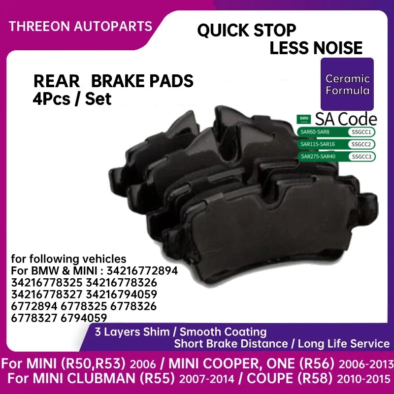 

THREEON Rear Brake Pads For Mini Cooper 1.6L 2007-2016 & 2.0L 2014 2016 & 1.5L 2014-2016 34216778327 34116767143
