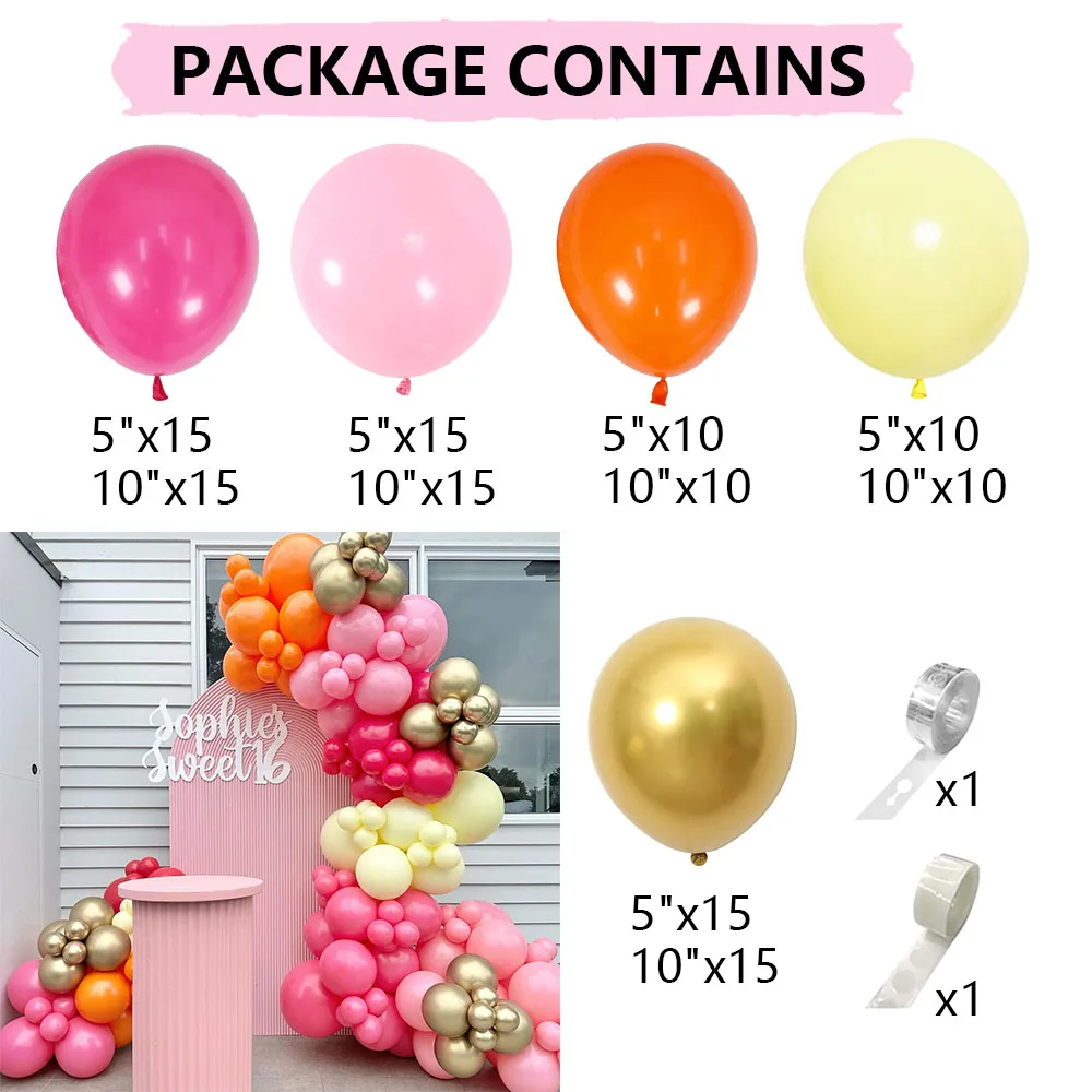 132pcs Hot Pink Orange Metallic Gold Balloon Garland Arch Kit for Summer Wedding Birthday Party Decorations Baby Shower Supplies