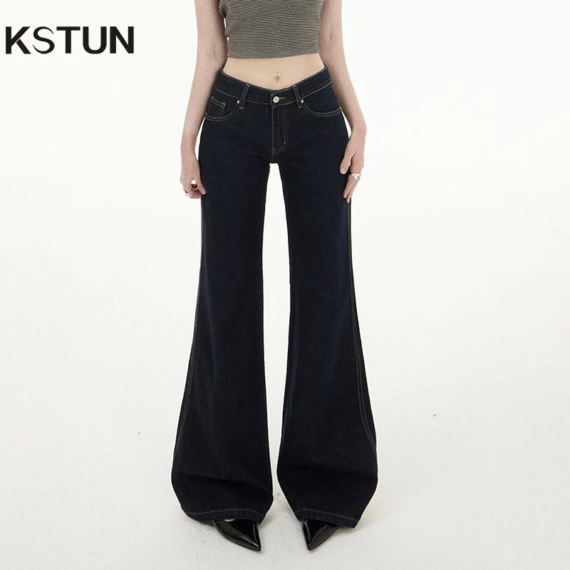 

KSTUN Women Bell Bottom Jeans Flared Pants Female Boot Cut Trousers Full Length Jeans Dark Blue Vintage Low Waist Jeans Ladies