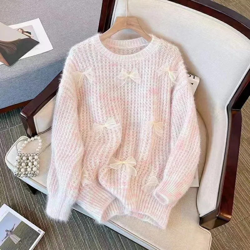 Dzianinowy sweter z długim rękawem i kokardą dla kobiet Gorąca wyprzedaż Leniwy sweter Jesień Zima Pullover Jumper Trend Luźne topy Słodki płaszcz Szykowny