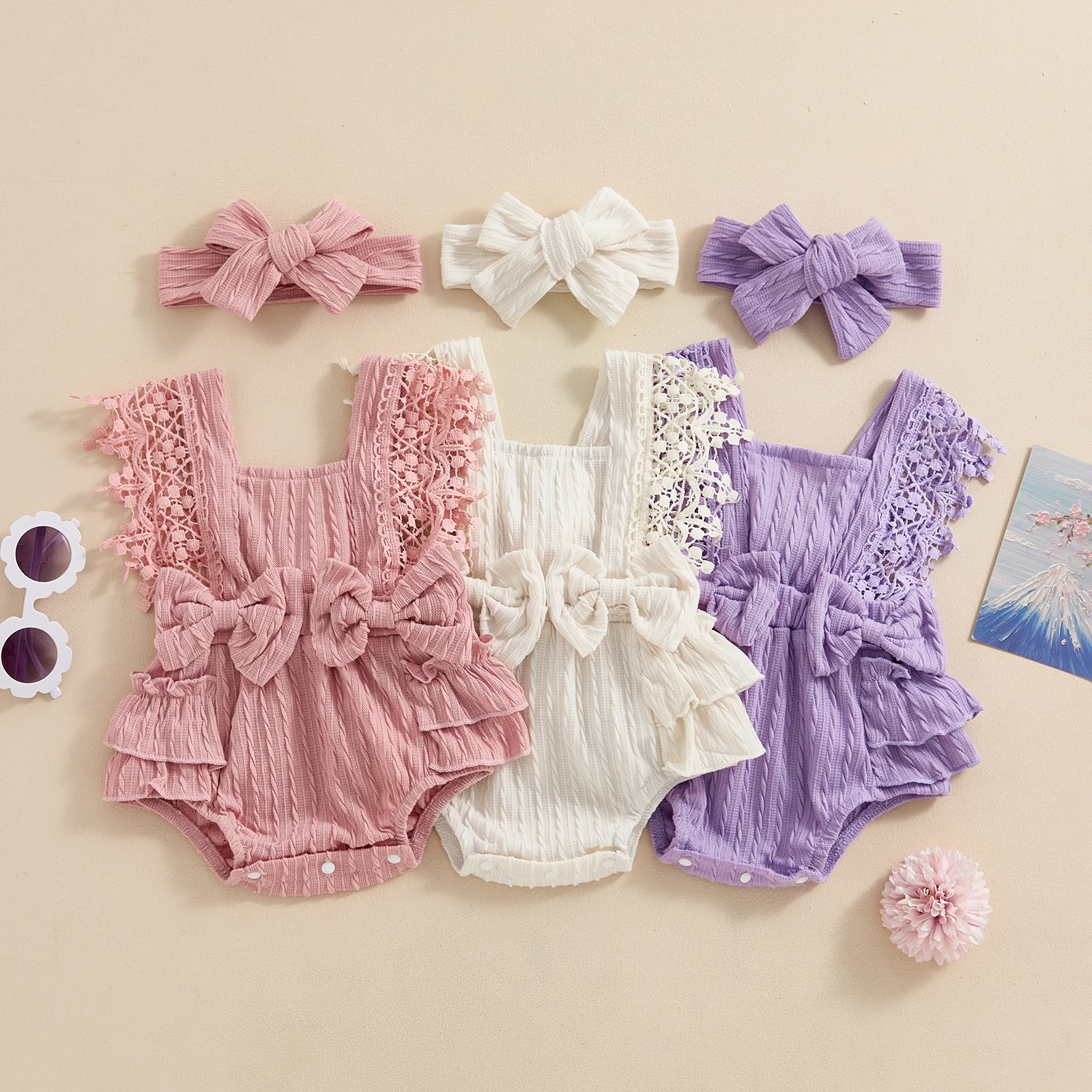 

Infant Baby Girl Summer Jumpsuit Lace Sleeves Square Neck Bow Romper with Headband Princess Tassels Bodysuits Sunsuits