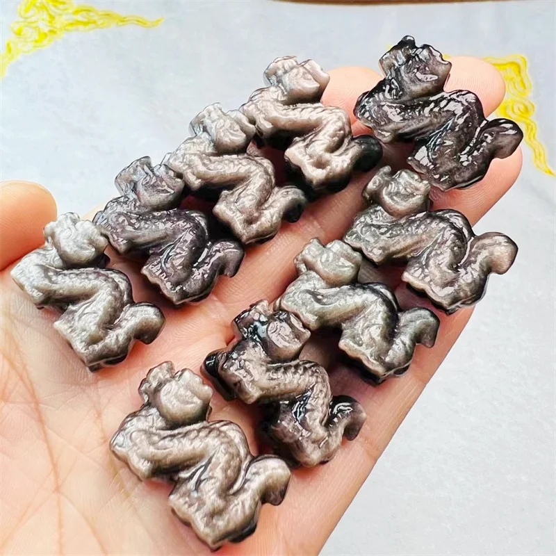 5PCS Natural Silver Obsidian Chinese Dragon carving Figurine Gift Fashion Jewelry  Women  Man Christmas Gift 25MM