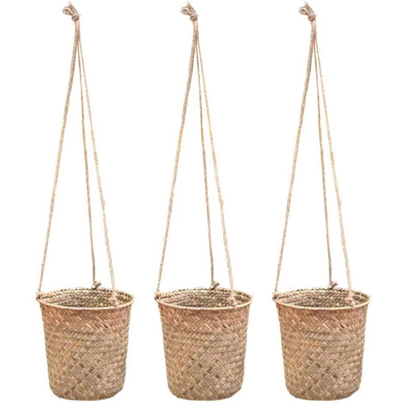 3-Piece Hand-Woven Storage Basket Wicker Hanging Flower Pot Basket Plant Basket Indoor And Outdoor Flower Container