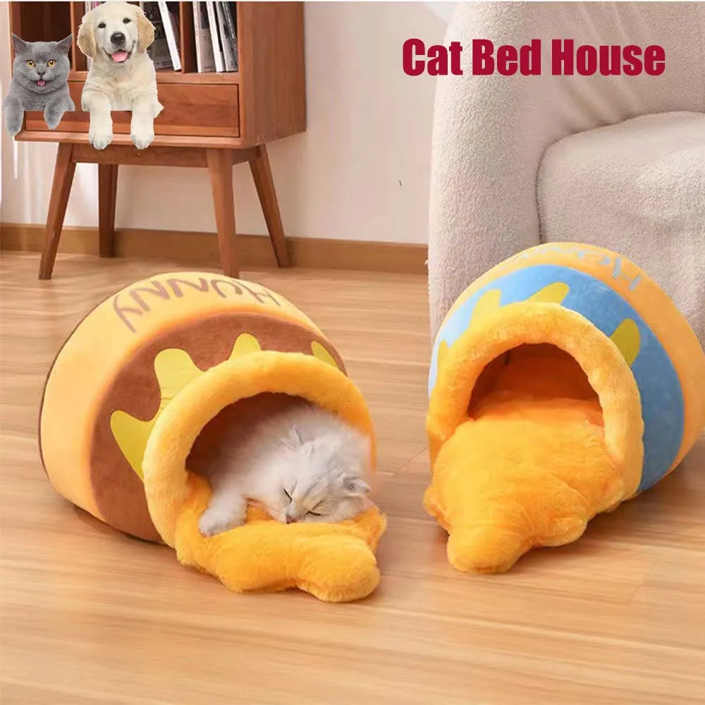 Cute Cat Bed Plush Cartoon Warm Mat Cats Cushion Basket Honey Pot Jar Shape Cave Pets House for Cat Small Dog Rabbit Pet Net