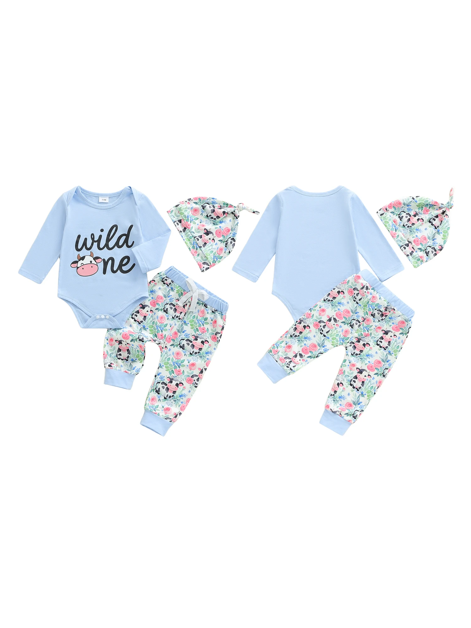 

Baby Girl Fall Outfits Letter Cow Print Crew Neck Long Sleeve Romper Floral Pants and Cap 3 Pcs Set