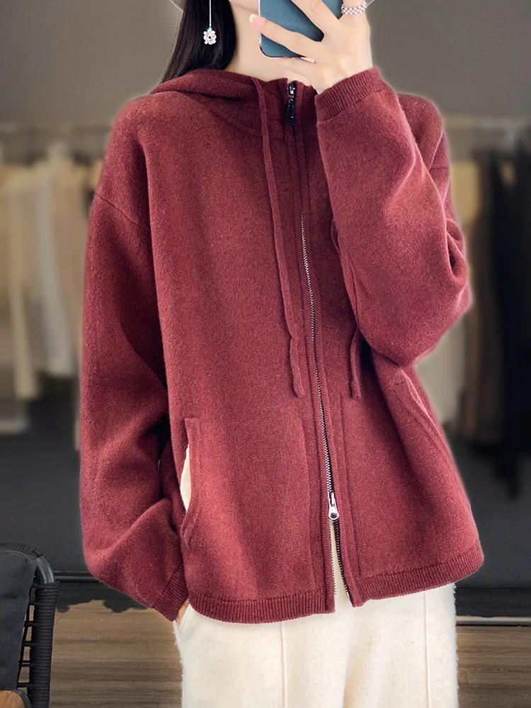 High-end Thicken 100% Wool Zipper Cardigan Women Hooded Knitted Coat Fashion Loose Plus Size Jacket Double zipper Winter Sweater