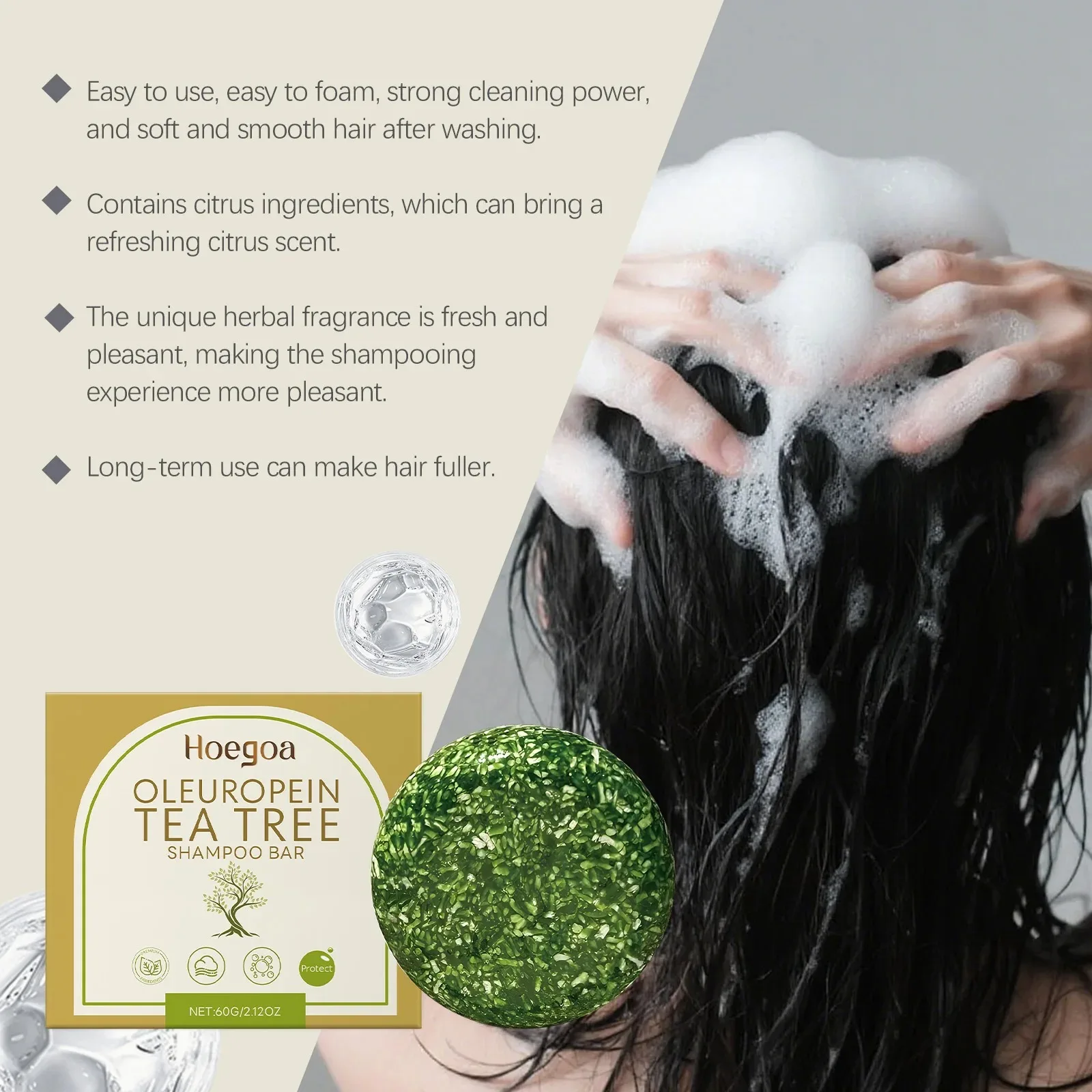 Barra de champú para eliminación de caspa a base de hierbas con esencia de aceite de árbol de té suave - Control de aceite Limpieza del cuero cabelludo Reparación del cabello dañado Cuidado del cabello