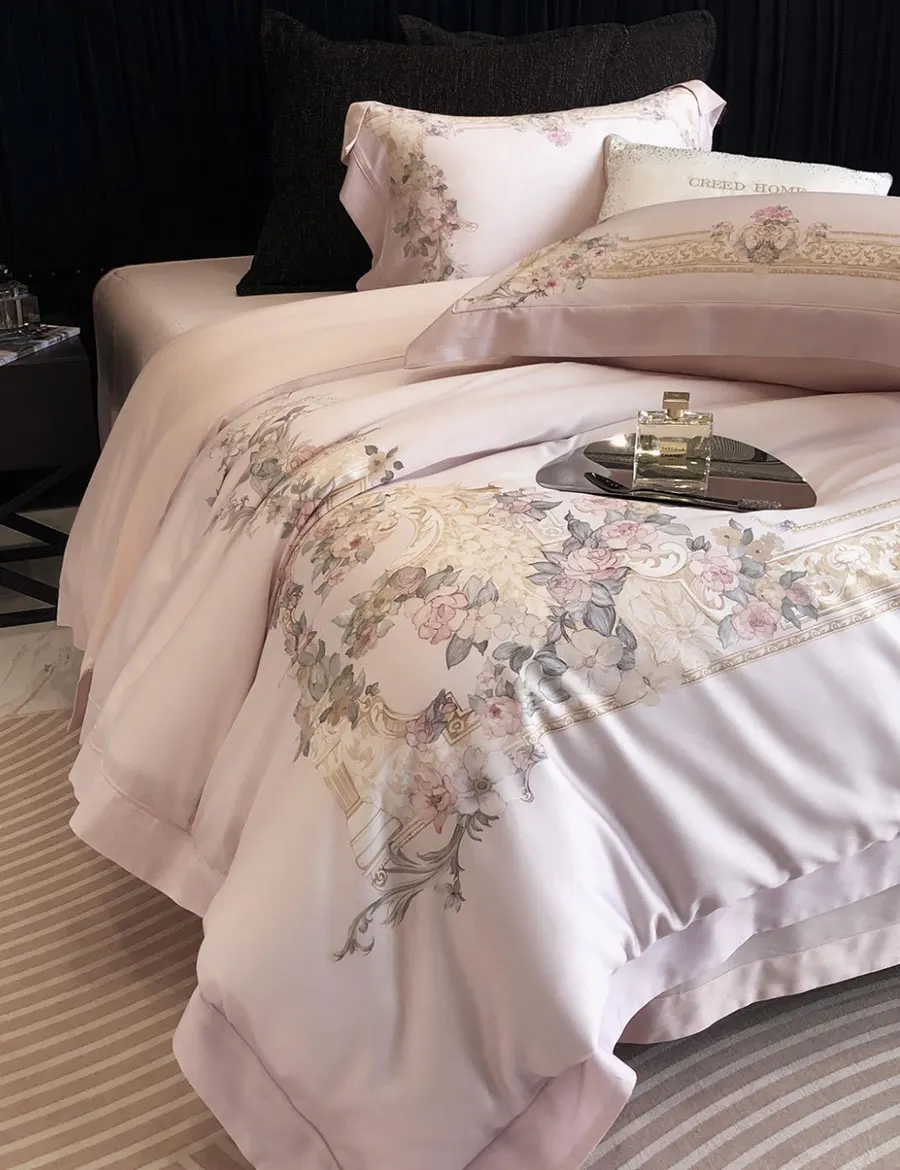 Romantic luxury baroque pastoral flower beige pink bedding set,full queen king home textile bed sheet pillow case quilt cover