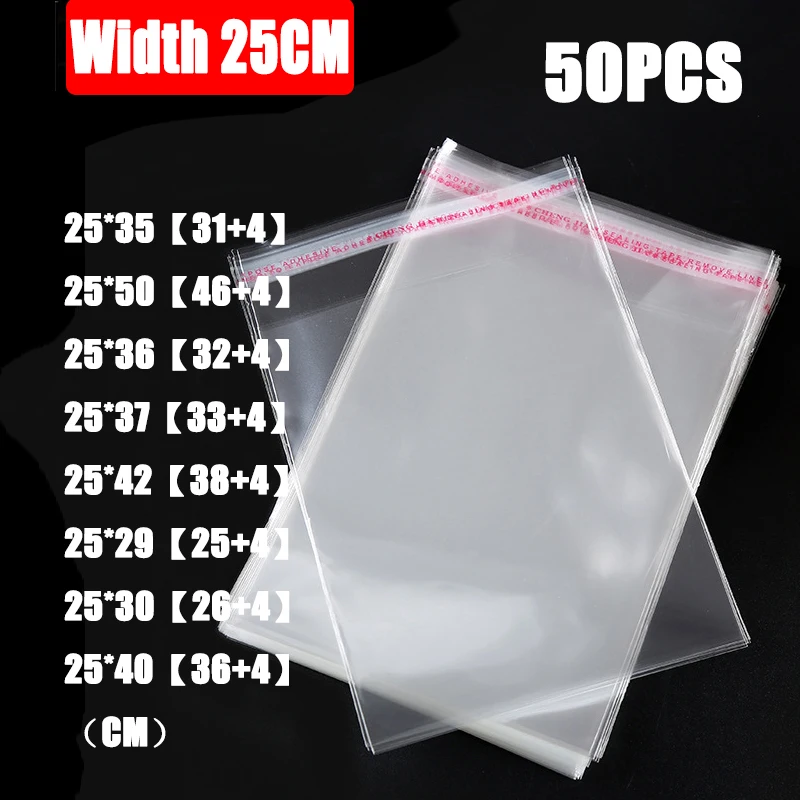 

50pcs/set Width 25cm Storage Bags Clear Self Adhesive Seal Plastic Packaging Resealable Cellophane Opp Poly Bags Gift Bags