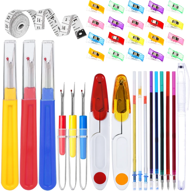 

RORGETO 38pcs Hand Sewing Tools Set Quilting Seam Ripper Sewing Clips Water Erasable Fabric Marking Pen Scissor for Embroidery