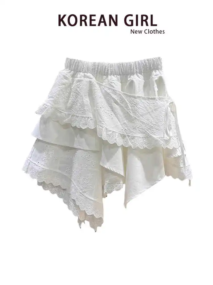 

Women's Y2K spicy girl white irregular lace cake mini skirt 2025 summer new sweet lace up fluffy skirt high waist skirt