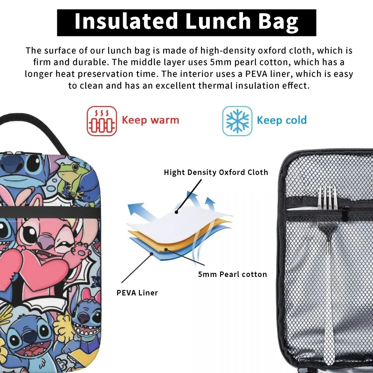 Stitch And Angel Insulated Lunch Bags Large Lunch Container Thermal Bag Tote Lunch Box Office Travel Men Women