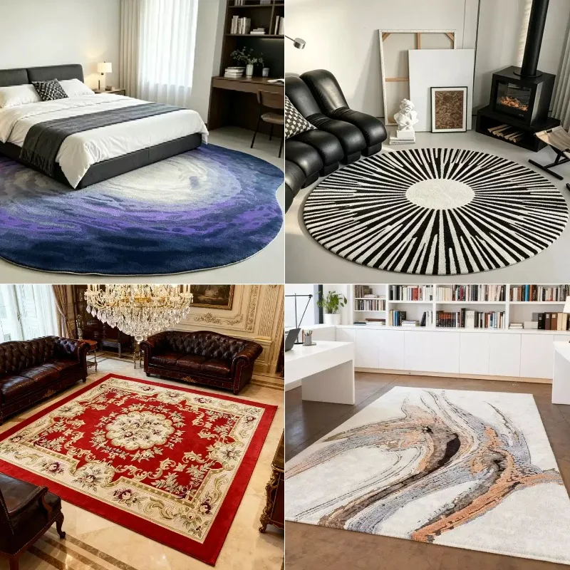 Round Handmade Wool Area Rug Abstract Art Painting Pattern Anti-slip Wool Carpet Custom Size for Living Room Bedroom Villa Decor