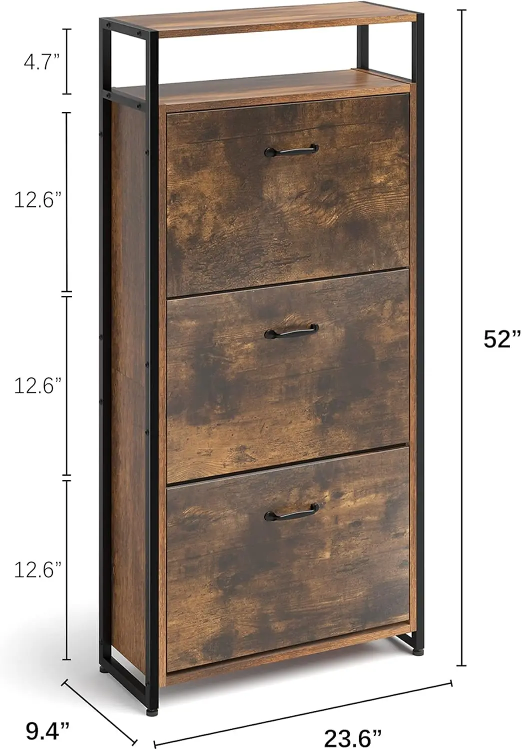 Scarpiera industriale a 3 cassetti, scarpiera in legno autoportante sottile con ante ribaltabili, portaoggetti aperto