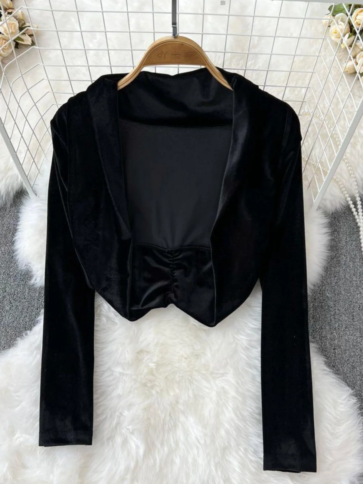 

Sexy Short Velvet Open Cardigan Shoulder Shawl Long Sleeve V-Neck Women's Fashion Autumn Winter Clothing Commute Style