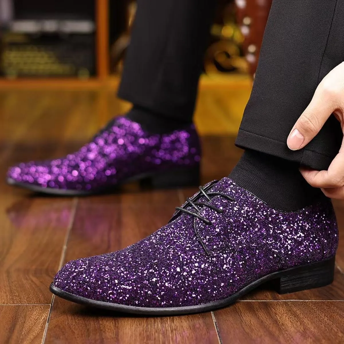 39-48 Pointed Toe Sequined Shoes for Man Derby Menswear Shoes Suit Party Dress Scarpe Uomo Eleganti Purple Golden Silver Black