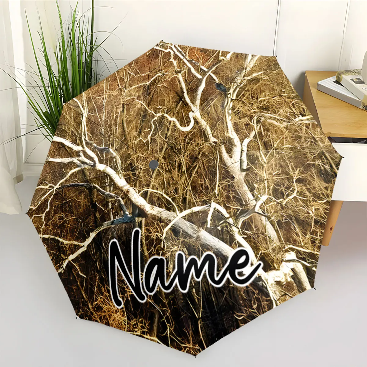 Custom Name Artistic Tree Print Umbrella Design for Fashion Style Print 8 Iron Ribs Folding Umbrella Auto-Open Fashion Sunshade