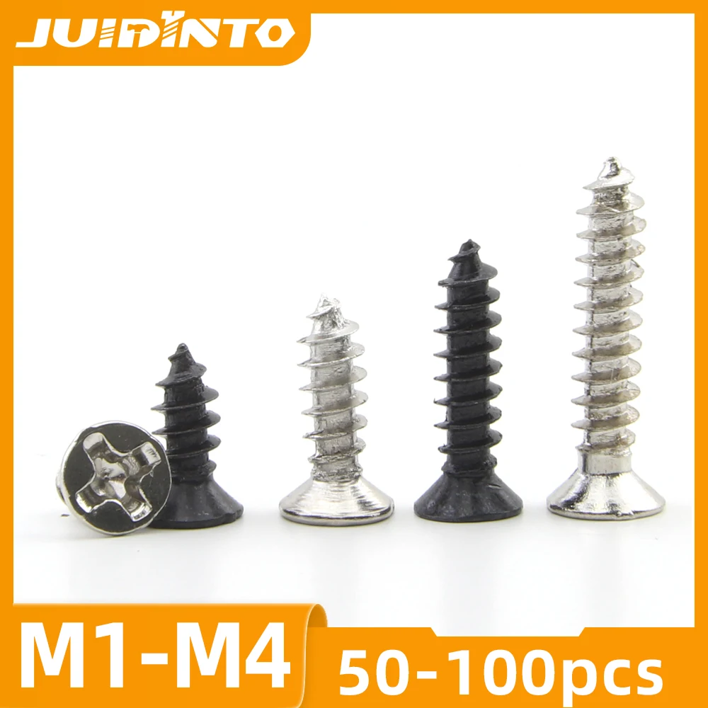 JUIDINTO 20-100pcs Cross Flat Head Self Tapping Screws Carbon Steel M1-M4 Small Screw for Watches Phone Glasses