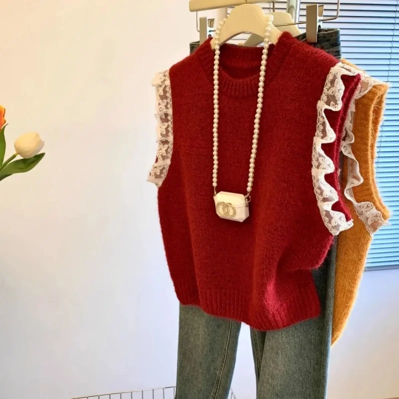 

Advanced Lace Patchwork Knitted Vest Autumn And Winter Women New Round Neck Design Loose Lazy Sleeveless Sweater Top w1550