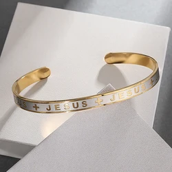 Stainless Steel Cross Jesus Alphabet Bracelet for Men Religious Prayer Bracelet Christian Cross Cuff Baptism Faith Jewelry