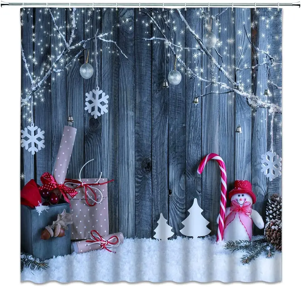 Christmas Shower Curtain Bathroom Grey Wooden Board Snowman Gifts Snowflakes Stars Decoration Decoration Accessories with Hooks