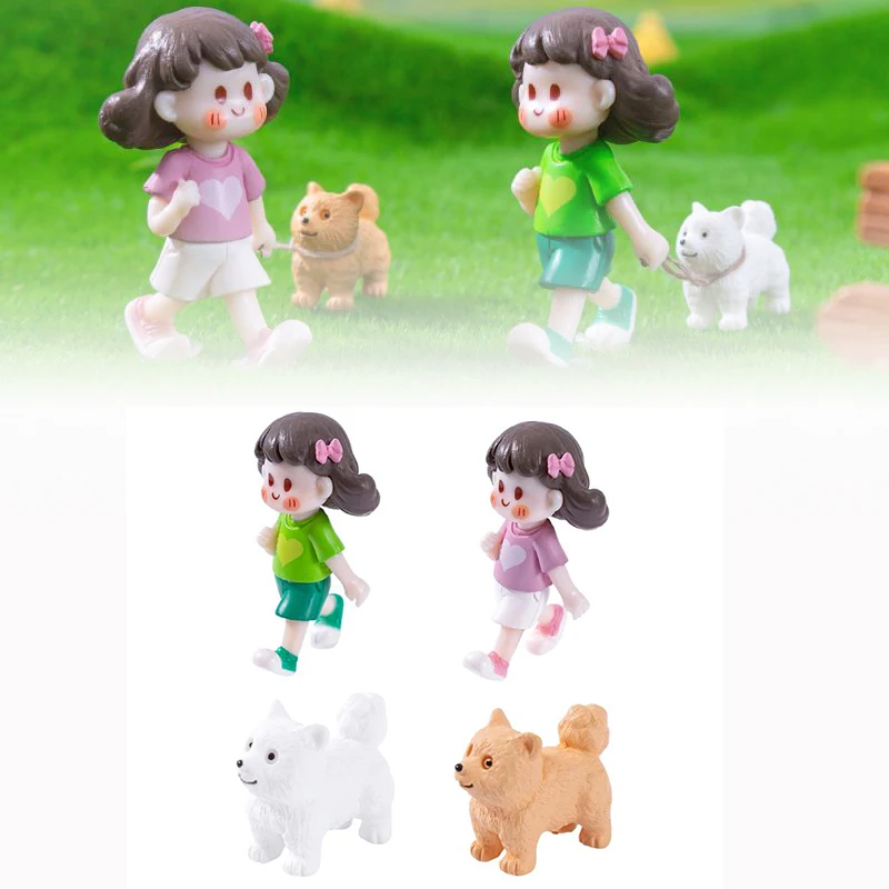 Cute Fairy Garden Dog-Leading Girl Doll Figures Micro Landscape Valentine's Day Gift PVC Crafts Fairy Garden Decor Home Ornament