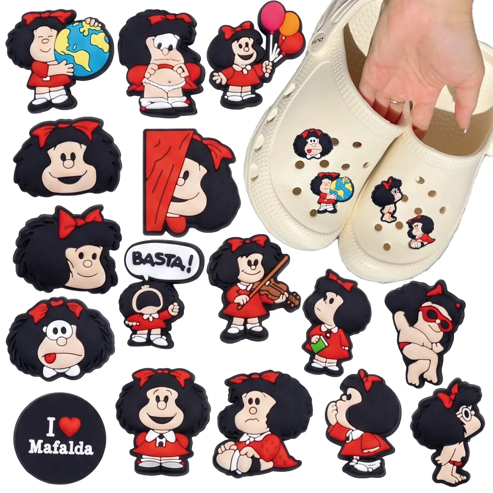 16-50Pcs Cartoon Black Hair Girl Themed Series PVC Shoe Charms Accessories DIY Detachable Waterproof PVC Shoe Decorations Gifts